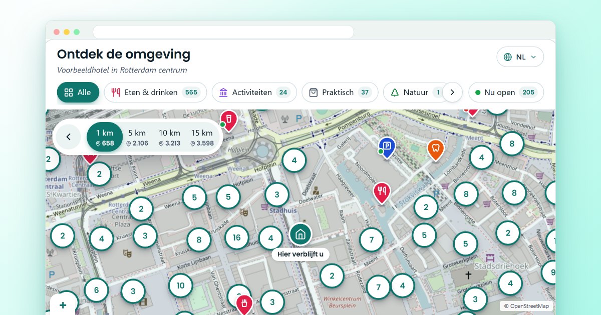 De NearPin-widget in een browservenster: een kaart van Rotterdam centrum met categorieën bovenaan en pinnen voor plekken rond een hotel