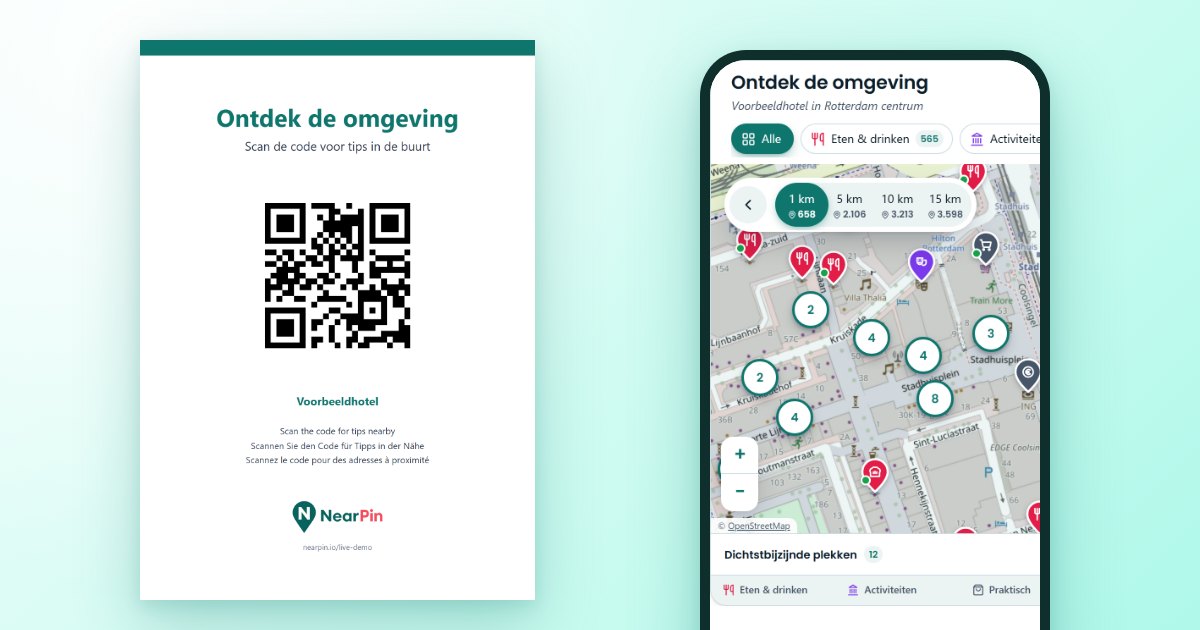 Een printklare baliekaart met QR-code naast een telefoon die de NearPin-kaart van de omgeving toont