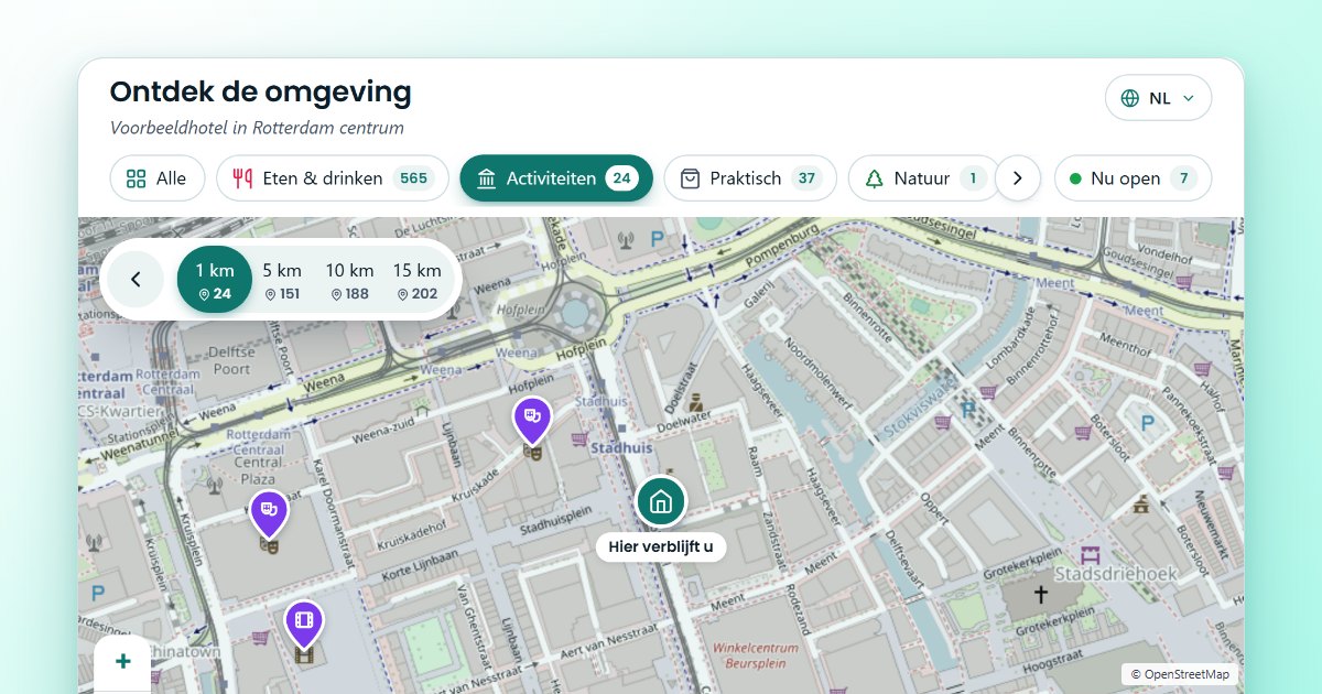 De NearPin-widget met de categorie Activiteiten aan en op de kaart van Rotterdam centrum pinnen voor activiteiten zoals theater en film rond een hotel