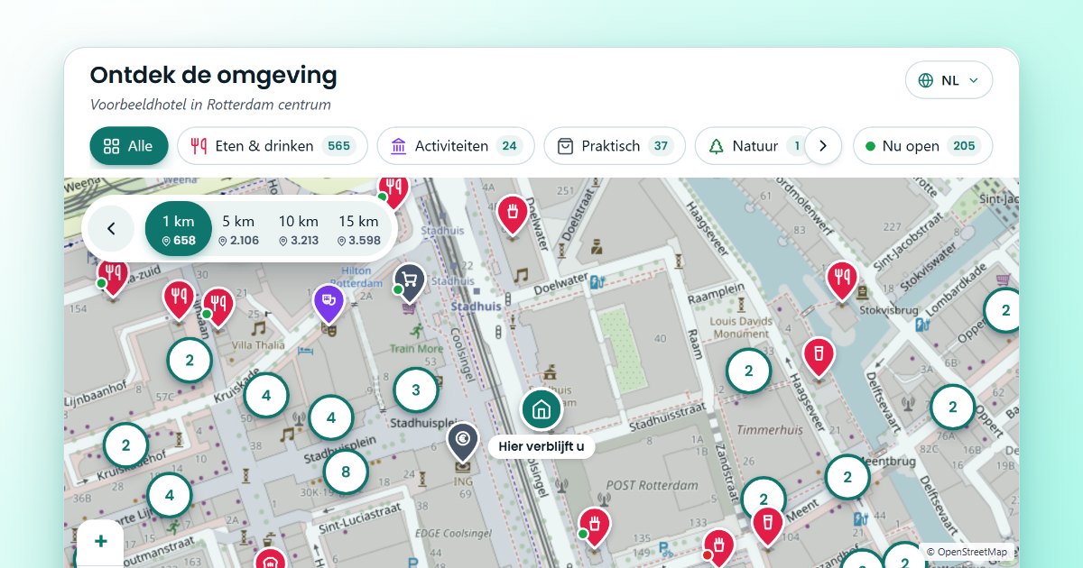 De NearPin-widget met een kaart van Rotterdam centrum, categorieën bovenaan en pinnen voor restaurants en andere plekken rond een hotel